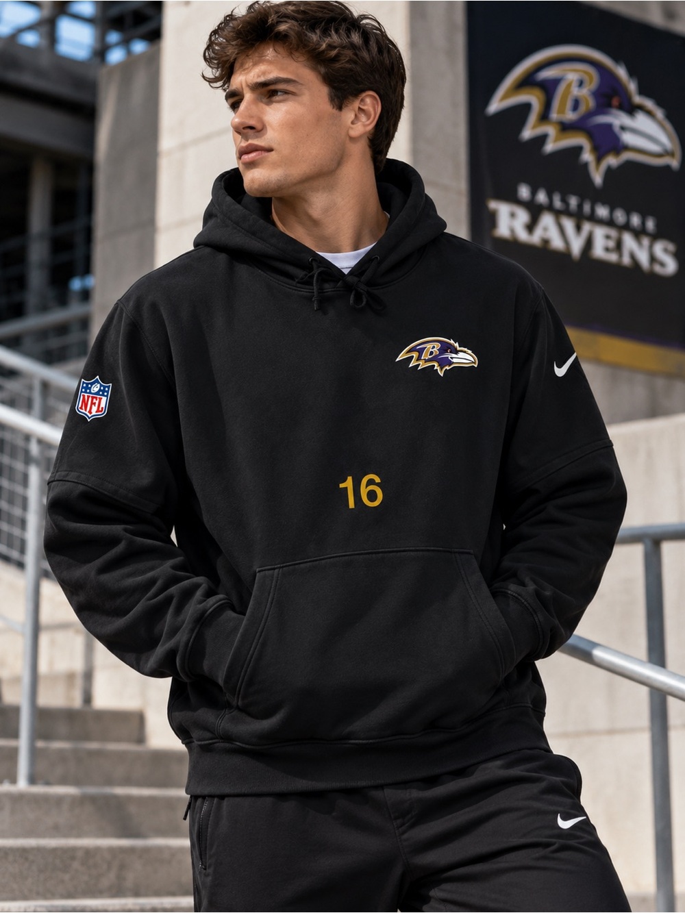 Nike NFL Baltimore Ravens Hoodie Men’s L Black #16 Pullover Football Sweatshirt